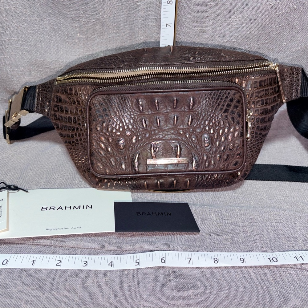 Brahmin Dark Brown Croc-Embossed Leather Belt Bag with Gold Hardware